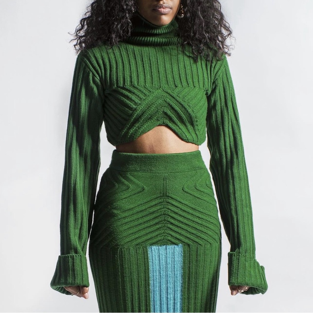 Hanifa Emerald Green Ribbed Turtleneck Sweater